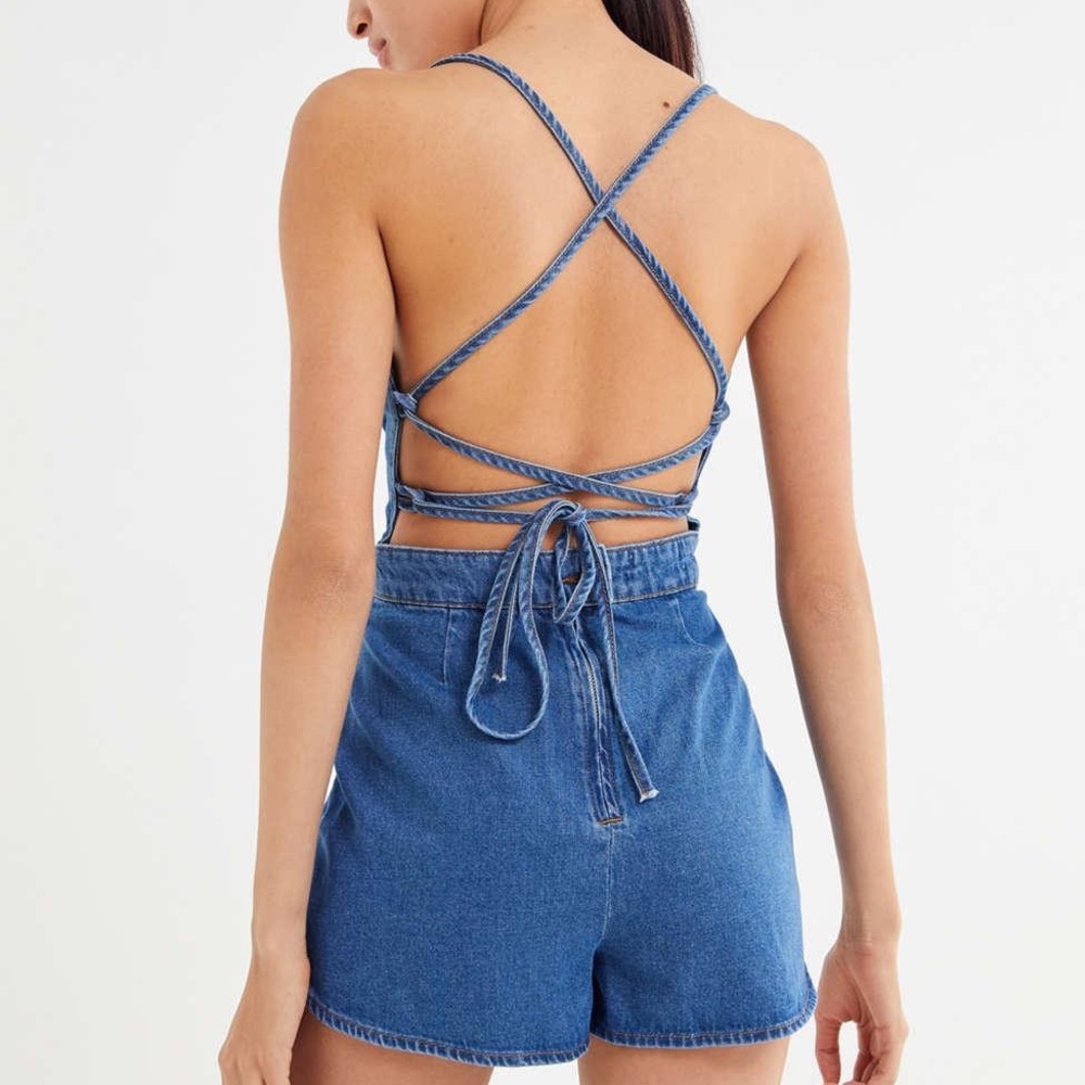 Strappy Tie Back Denim Romper